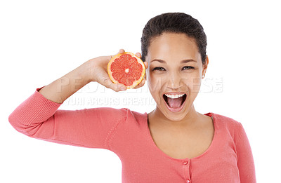 Buy stock photo Portrait, woman and excited with grapefruit for healthy detox, vegan diet and eco nutrition in studio on white background. Model, fruits and smile for sustainable benefits of vitamin c in citrus food