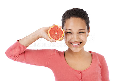 Buy stock photo Portrait, woman and smile with grapefruit for healthy detox, vegan diet or eco nutrition in studio on white background. Happy model, fruits and sustainable benefits of vitamin c, snack or citrus food