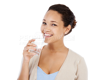 Buy stock photo Portrait, woman and drinking water in studio for healthy nutrition, diet and detox on white background. Happy model with refreshing glass of liquid, aqua and h2o for benefits, hydration and vitamins