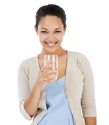 Buy stock photo Portrait, woman and smile in studio for drinking water, healthy nutrition and detox on white background. Thirsty model with refreshing glass of liquid, aqua and benefits of hydration for clean diet