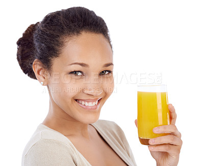Buy stock photo Happy, portrait or woman with orange juice in studio for wellness, nutrition or detox on white background. Face, smile or female nutritionist with glass of vitamin C, supplement or health fruit drink