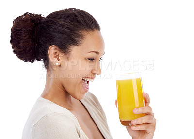 Buy stock photo Happy, wow and woman with orange juice in studio for wellness, nutrition or detox on white background. Excited, smile or female nutritionist with glass of vitamin C, supplement or health fruit drink