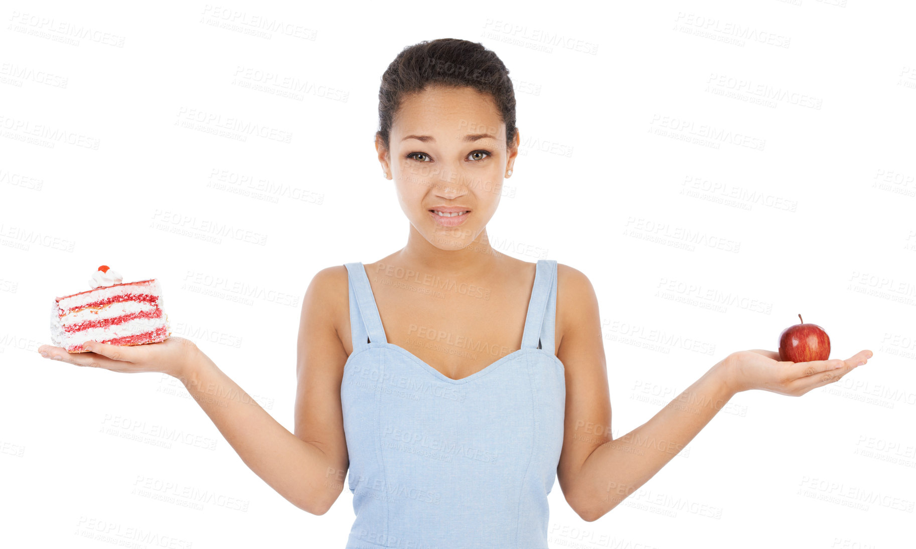 Buy stock photo Puzzled young woman struggling to choice between cake and a healthy apple