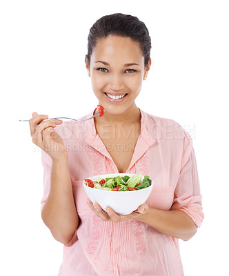 Buy stock photo Diet, salad and happy woman eating healthy food, detox lunch or breakfast on a white background. Portrait of African person or model with green fruits, vegetables and lettuce or vegan meal in studio