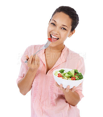 Buy stock photo Happy woman, portrait and salad in studio eating healthy food, detox lunch or breakfast on a white background. African person or model with tomato, vegetables and fruit or green lettuce for diet meal
