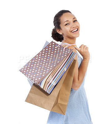 Buy stock photo Woman, happy portrait and shopping bag in studio with discount, sale and retail giveaway for commerce. Fashion winner, model or African customer with holiday gift or clothes on a white background