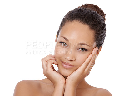 Buy stock photo Happy woman, portrait and skincare for beauty, cosmetics or treatment against a white studio background. Face of attractive young female person smile in satisfaction for spa or facial on mockup space