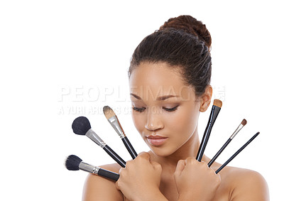 Buy stock photo Woman, beauty and makeup brushes for cosmetics in studio, choice and decision for powder. Female model person, tools and equipment for application, skincare and facial treatment by white background