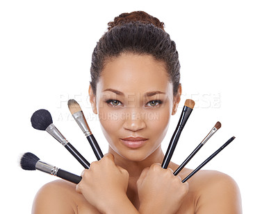 Buy stock photo Woman, portrait and makeup brushes for cosmetics in studio, choice and decision for beauty. Female model person, tools and equipment for application, skincare and facial treatment by white background