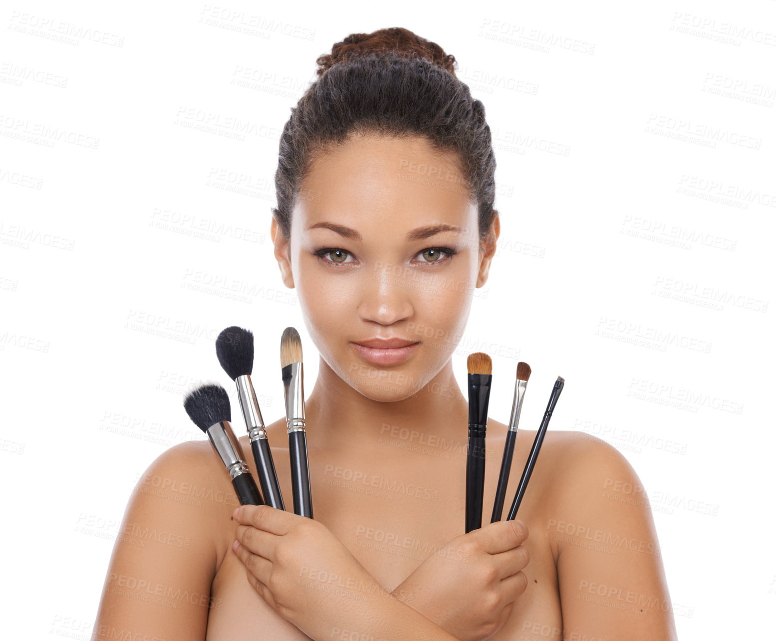 Buy stock photo Woman, portrait and makeup brushes in studio for beauty, foundation and cosmetics for coverage. Face of a young model or artist with skincare, application tools and product on a white background