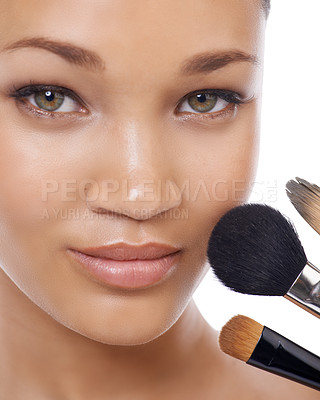 Buy stock photo Cosmetics, brushes and portrait of young woman in studio for beauty, foundation and makeup. Closeup face of model, artist and person with skincare, application tools and product on a white background