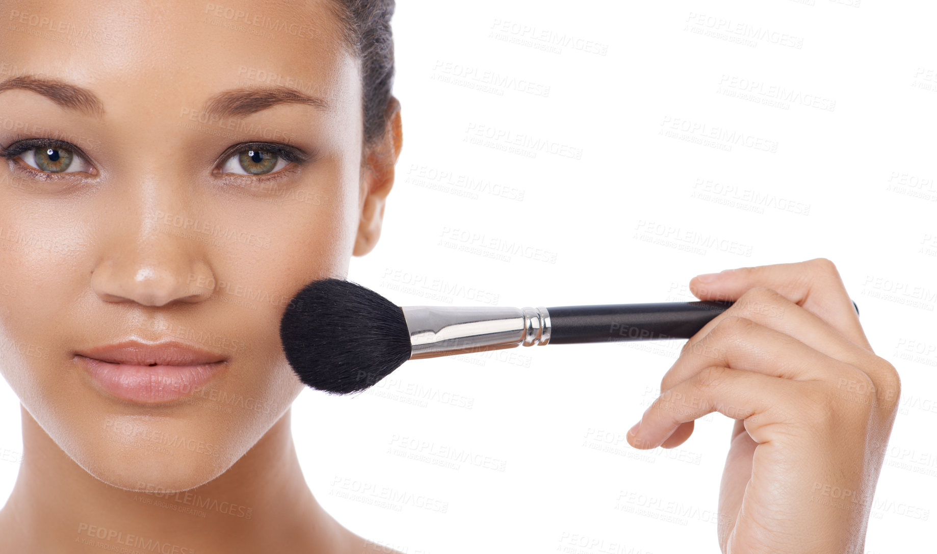 Buy stock photo Makeup, brushes and woman face in studio for beauty, foundation and cosmetics on a white background. Portrait of young model, artist and person with skincare, application tools or dermatology product