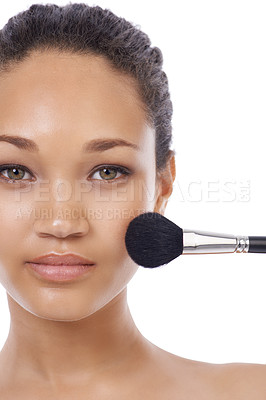 Buy stock photo Cosmetics, brush and woman face in studio for beauty, foundation and makeup on a white background. Portrait of young model, artist and person for skincare, application tools or product for coverage