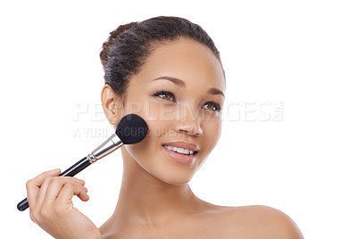 Buy stock photo Woman, face and makeup brushes for beauty cosmetics, blush or skincare against a white studio background. Female person or model smile for facial treatment, foundation or soft texture on mockup space