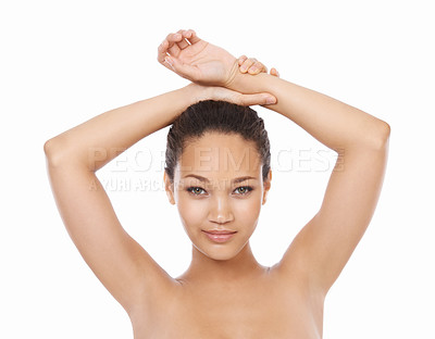 Buy stock photo Woman, portrait and beauty or underarm in studio, cleaning and hair removal from armpit for hygiene. Female model person, epilation and skincare or face, cosmetics and dermatology by white background