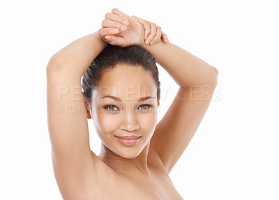 Buy stock photo Woman, portrait and beauty or underarm in studio, cleaning and hair removal from armpit for hygiene. Female model person, smiling and skincare or face, cosmetics and dermatology by white background