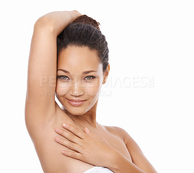 Buy stock photo Portrait of a beautiful young woman showing her underarm
