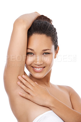 Buy stock photo Woman, portrait and beauty or underarm or cosmetics, cleaning and hair removal from armpit for hygiene. Female model person, wellness and skincare or face, studio and dermatology by white background
