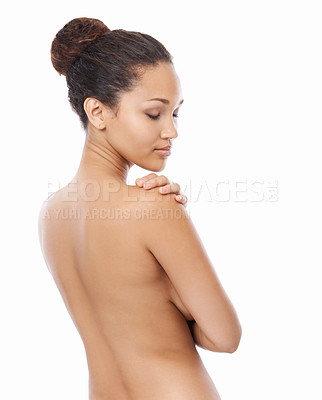 Buy stock photo Woman, back and naked in studio for skincare, peace and happy with treatment by white background. Female person, face and wellness or cosmetics and dermatology, beauty and body care or confidence