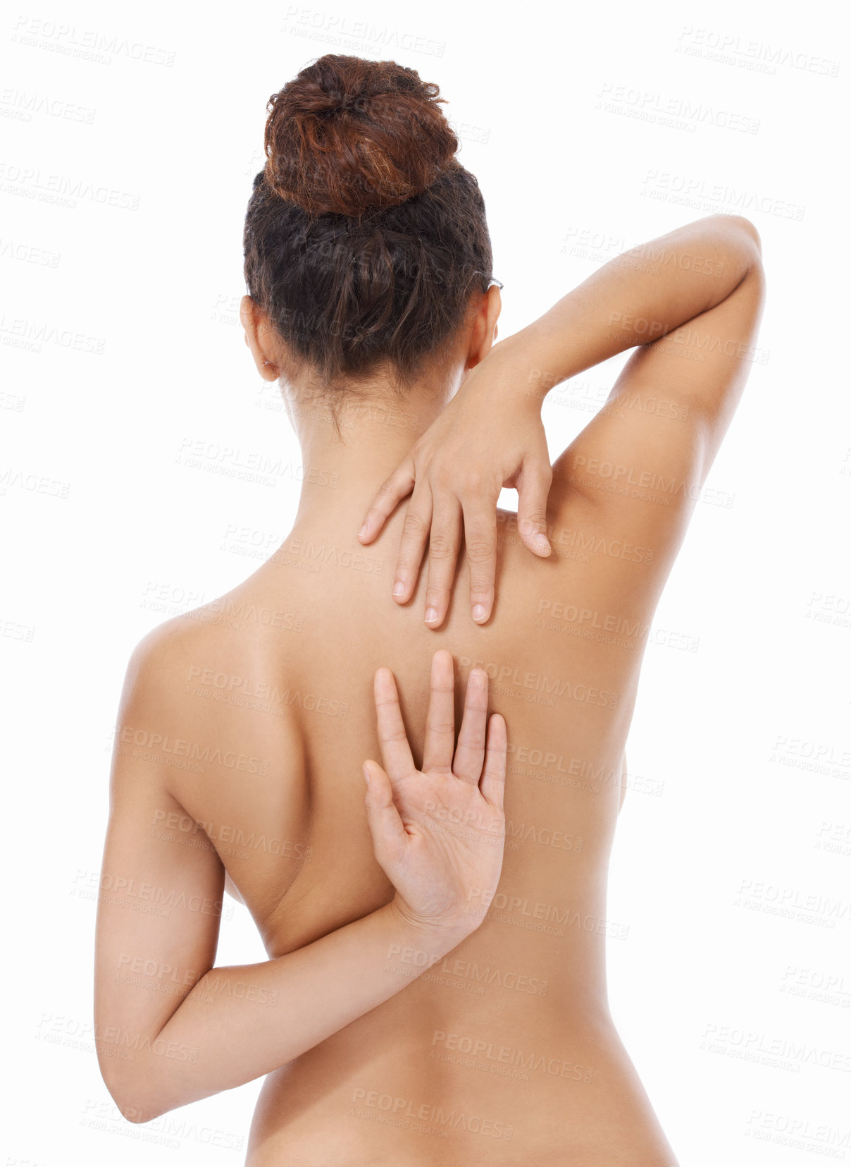Buy stock photo Woman, back and naked in studio for body care, skincare and self love or treatment by white background. Female person, nude and wellness or cosmetics and dermatology, beauty and luxury grooming