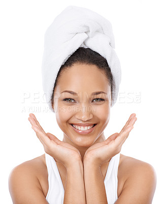 Buy stock photo Happy woman, portrait and face in beauty spa, skincare or facial treatment against a white studio background. Female person or model smile in relax for hygiene, cosmetology or dermatology in salon