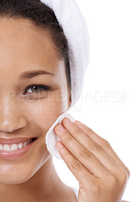 Buy stock photo Woman face, cotton pad and skincare, beauty or cosmetics product for dermatology results in studio. Portrait of African person or model with hygiene wipe for makeup or facial on a white background