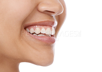 Buy stock photo Woman, teeth and mouth for dental care, hygiene or treatment against a white studio background. Closeup of female person or model smile in satisfaction for oral, gum and tooth whitening on mockup