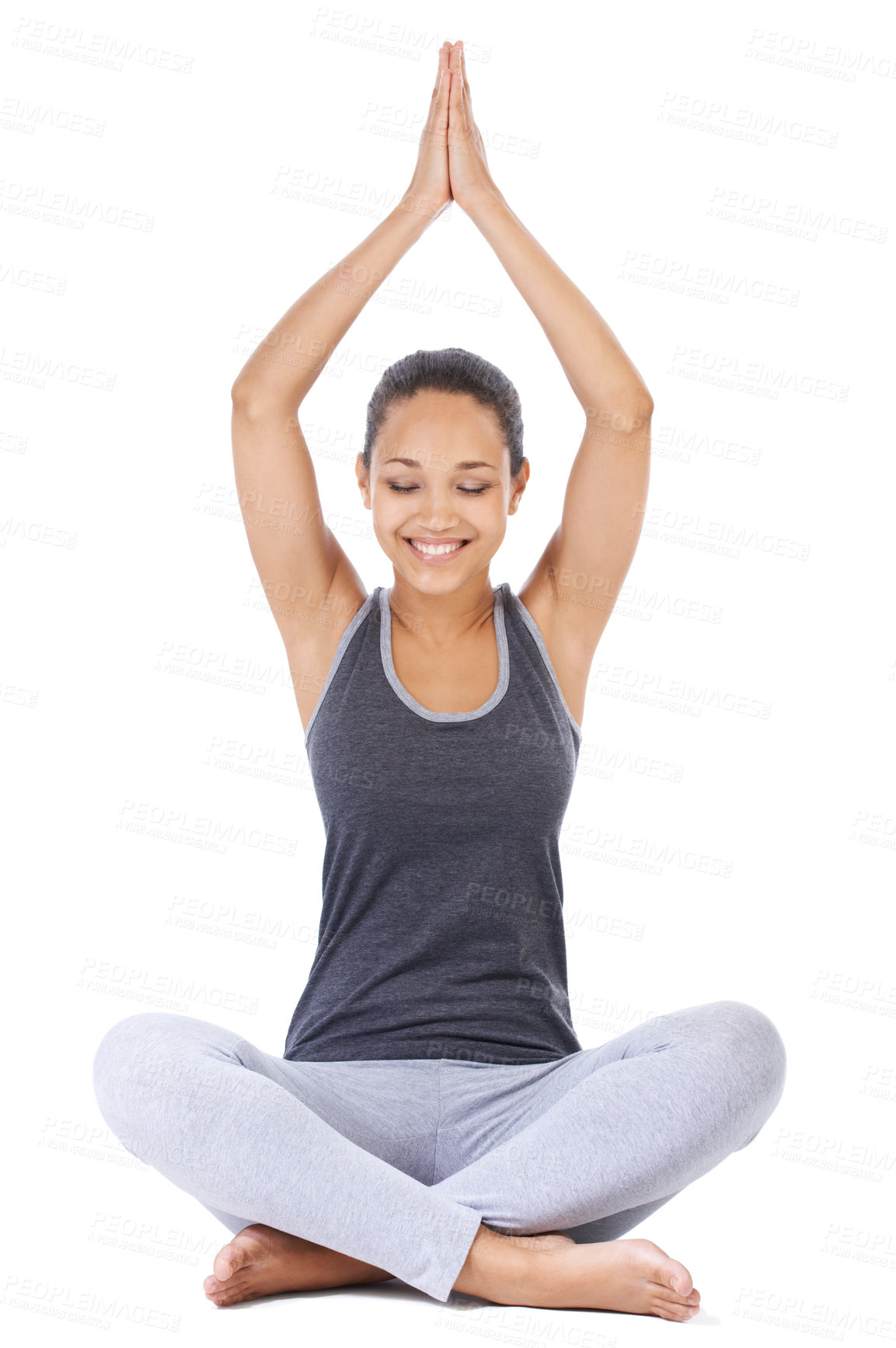 Buy stock photo Happy woman, meditation and prayer hands in studio for mindfulness, yoga and holistic workout or mind wellness. Young person with namaste pose for peace, zen exercise or balance on a white background