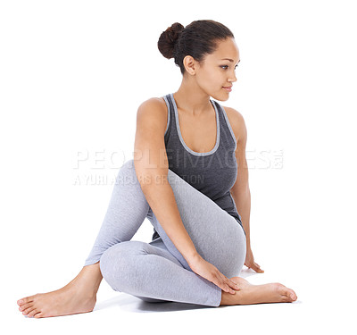 Buy stock photo Yoga, stretching and woman in studio for fitness, workout and zen exercise with holistic wellness or muscle health. Flexible and young person with half lord of the fishes pose on a white background