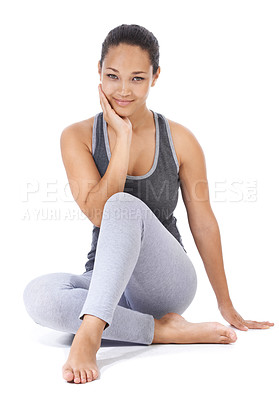 Buy stock photo Woman, portrait and relax in yoga for exercise, spiritual wellness or workout against a white studio background. Calm young female person, model or yogi smile for zen, health or pilates on mockup