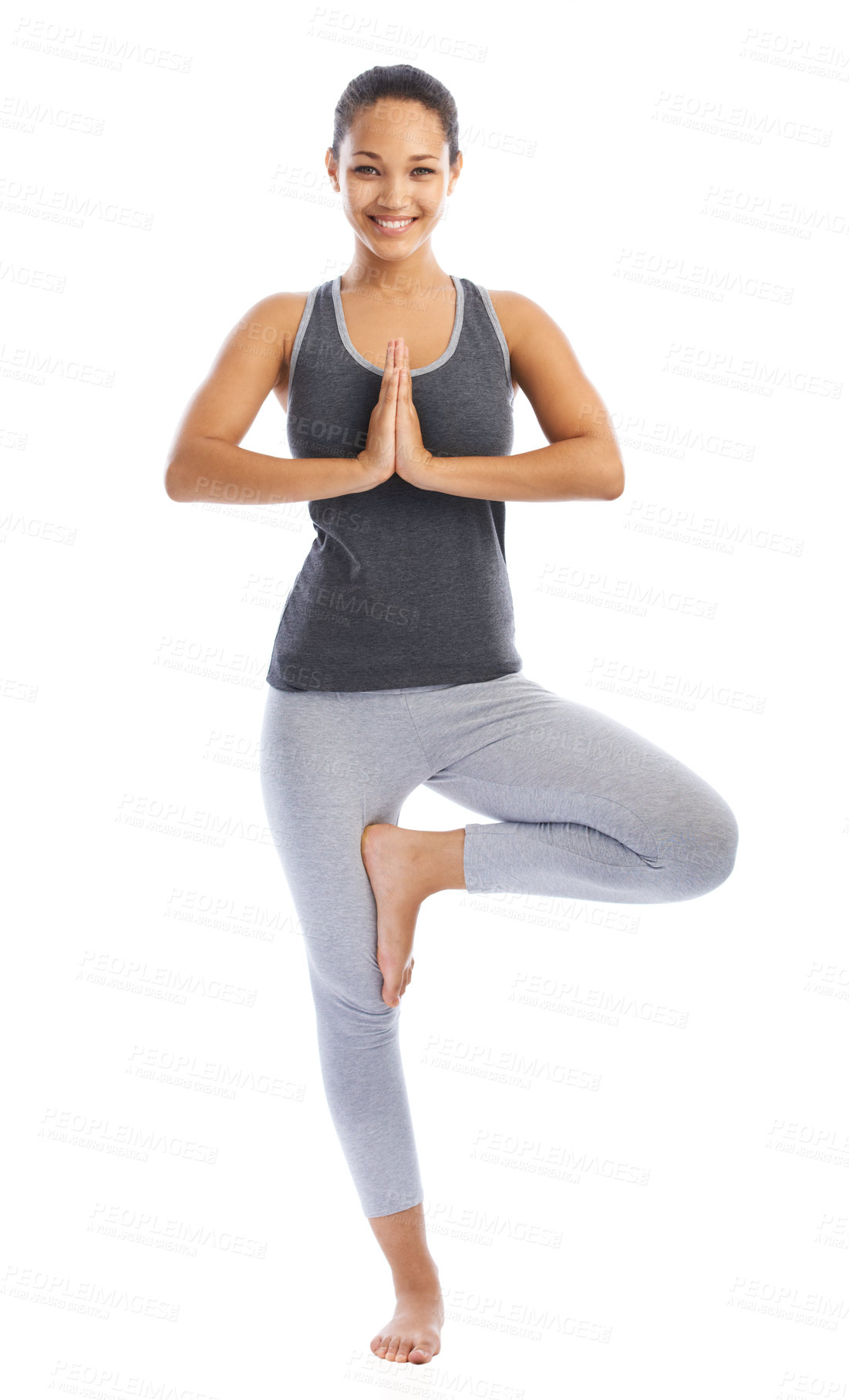 Buy stock photo A beautiful young woman doing a yoga pose against a white background