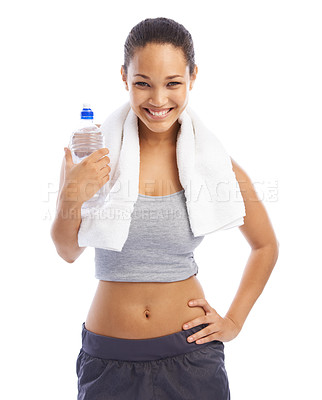Buy stock photo Happy woman, portrait and water bottle with towel in fitness isolated against a white studio background. Female person or athlete smile with natural mineral drink for workout, hydration or exercise