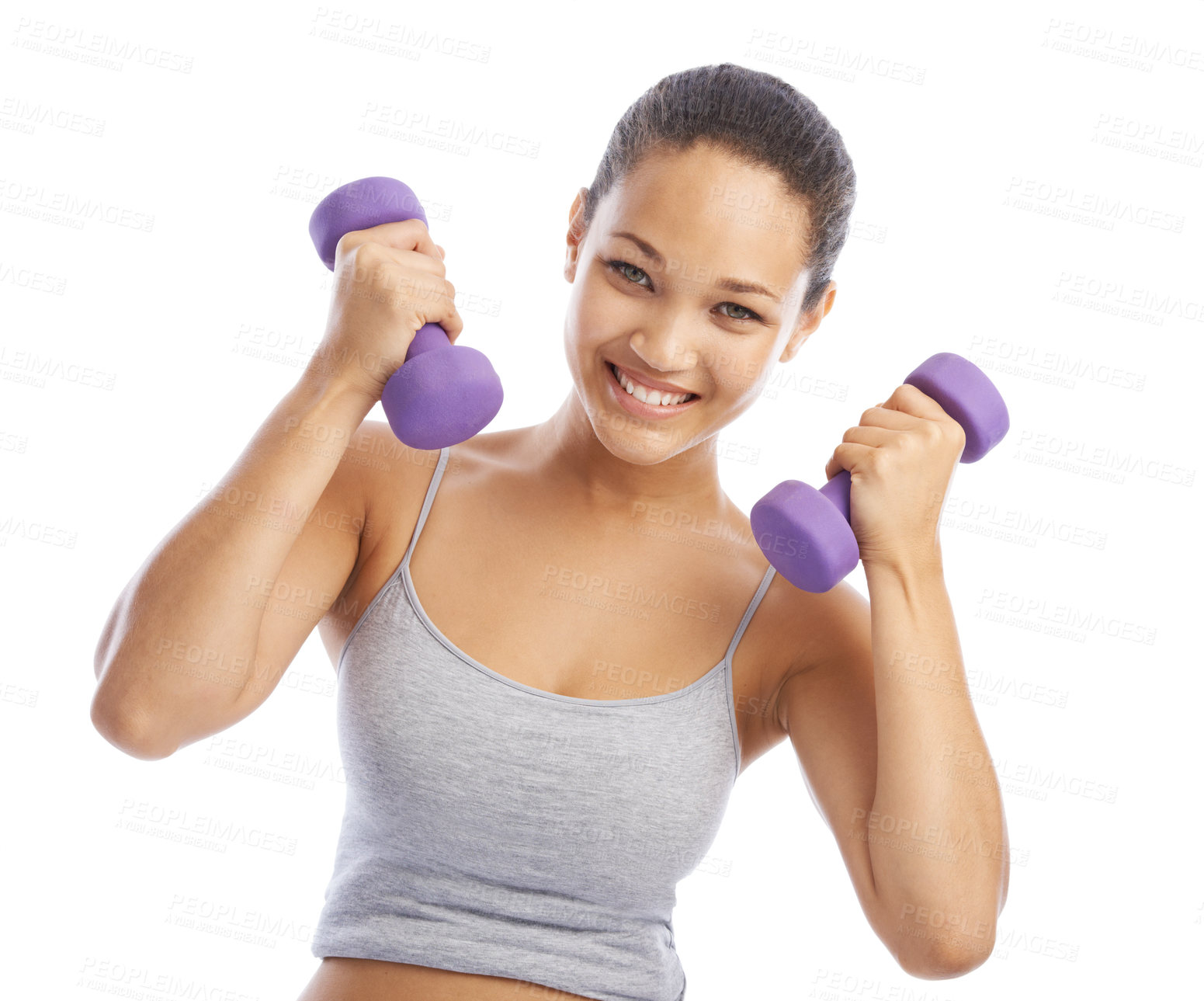 Buy stock photo Woman, portrait and dumbbells for fitness in studio, exercise and happy for wellness by white background. Female person, face and weightlifting equipment or tools, biceps and training for strong body