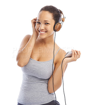 Buy stock photo Happy woman, portrait and headphones listening to podcast for audio streaming against a white studio background. Female person smile enjoying sound track, music or playlist on smartphone with headset