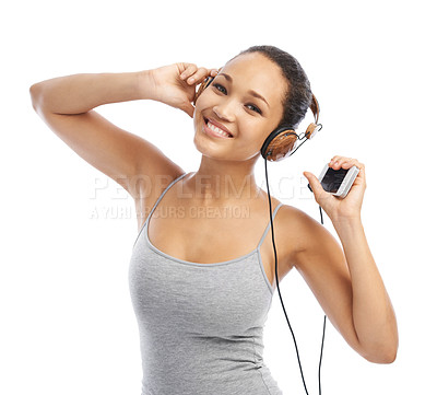 Buy stock photo Happy woman, portrait and headphones listening to audio, radio or streaming against a white studio background. Female person smile enjoying sound track, music or podcast on smartphone with headset