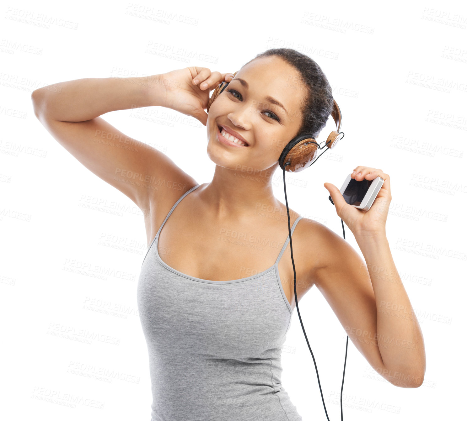 Buy stock photo Happy woman, portrait and headphones listening to audio, radio or streaming against a white studio background. Female person smile enjoying sound track, music or podcast on smartphone with headset