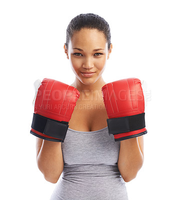 Buy stock photo Happy woman, portrait and boxer ready for fight competition against a white studio background. Female person or professional with boxing gloves for self defense, power or challenge in sport fitness