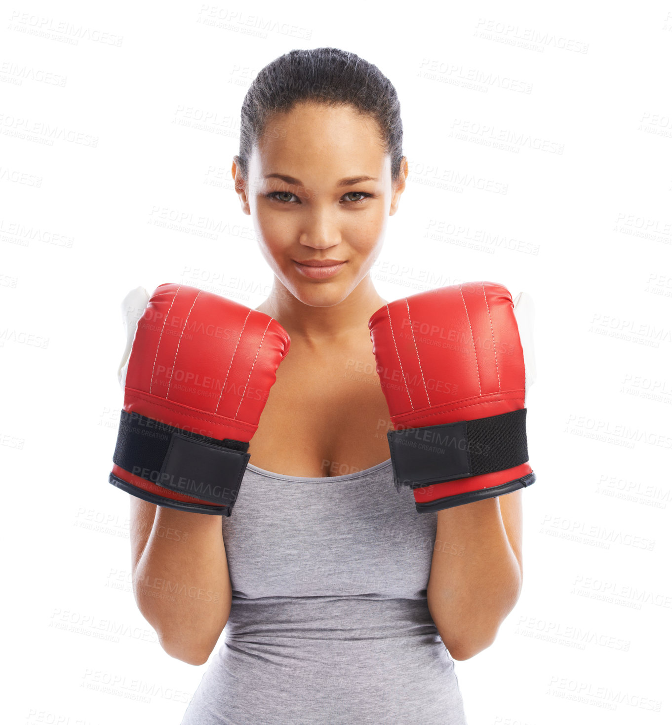 Buy stock photo Happy woman, portrait and boxer ready for fight competition against a white studio background. Female person or professional with boxing gloves for self defense, power or challenge in sport fitness