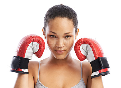 Buy stock photo Woman, portrait and boxer ready for fight or competition against a white studio background. Female person or professional with boxing gloves for self defense, power or MMA challenge in sports fitness