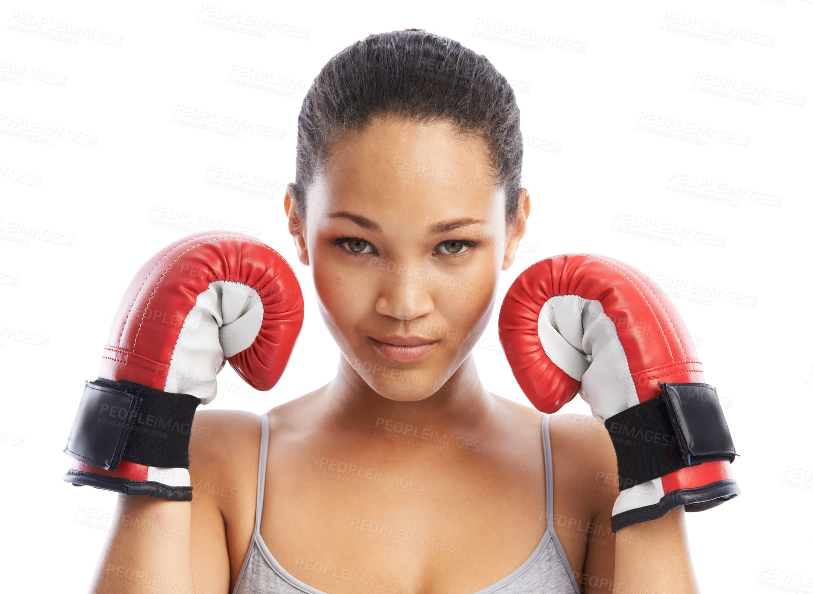 Buy stock photo Woman, portrait and boxer ready for fight or competition against a white studio background. Female person or professional with boxing gloves for self defense, power or MMA challenge in sports fitness