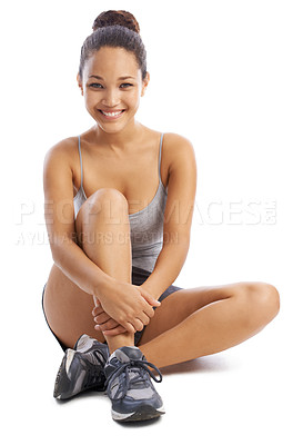 Buy stock photo Happy woman, portrait and relax in fitness for workout, fashion or gym clothing against a white studio background. Face of female person or athlete smile on break, health and wellness on mockup space