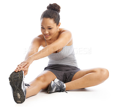 Buy stock photo Woman, body and stretching legs for fitness, workout start and training on a white background. Happy young person, athlete or runner with muscle health, foot exercise and training warm up in studio