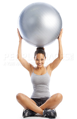 Buy stock photo Happy woman, portrait and sitting with exercise ball for fitness, balance against a white studio background. Female person smile in body workout or training for core strength, health and wellness