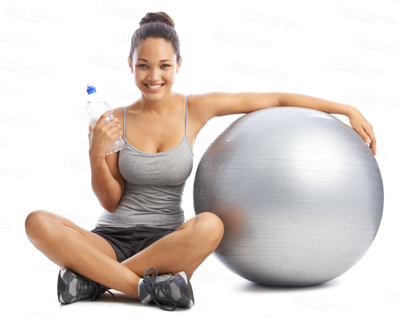 Buy stock photo Happy woman, portrait and water by exercise ball for workout or training against a white studio background. Female person smile with bottle or natural mineral drink for fitness or hydration on mockup