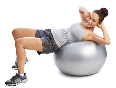 Buy stock photo Happy woman, portrait and exercise ball in pilates for fitness or workout against a white studio background. Female person or athlete training on round object or gym equipment for body stretching