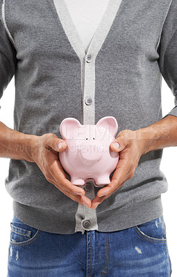 Buy stock photo Person, hands or piggy bank in studio for investment, safety of finance or economy on white background. Closeup, financial savings or moneybox for investing income, funding or growth of future wealth