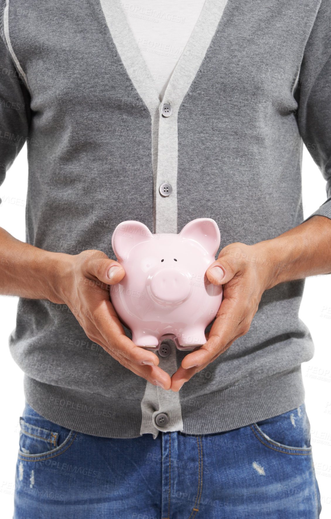 Buy stock photo Person, hands or piggy bank in studio for investment, safety of finance or economy on white background. Closeup, financial savings or moneybox for investing income, funding or growth of future wealth