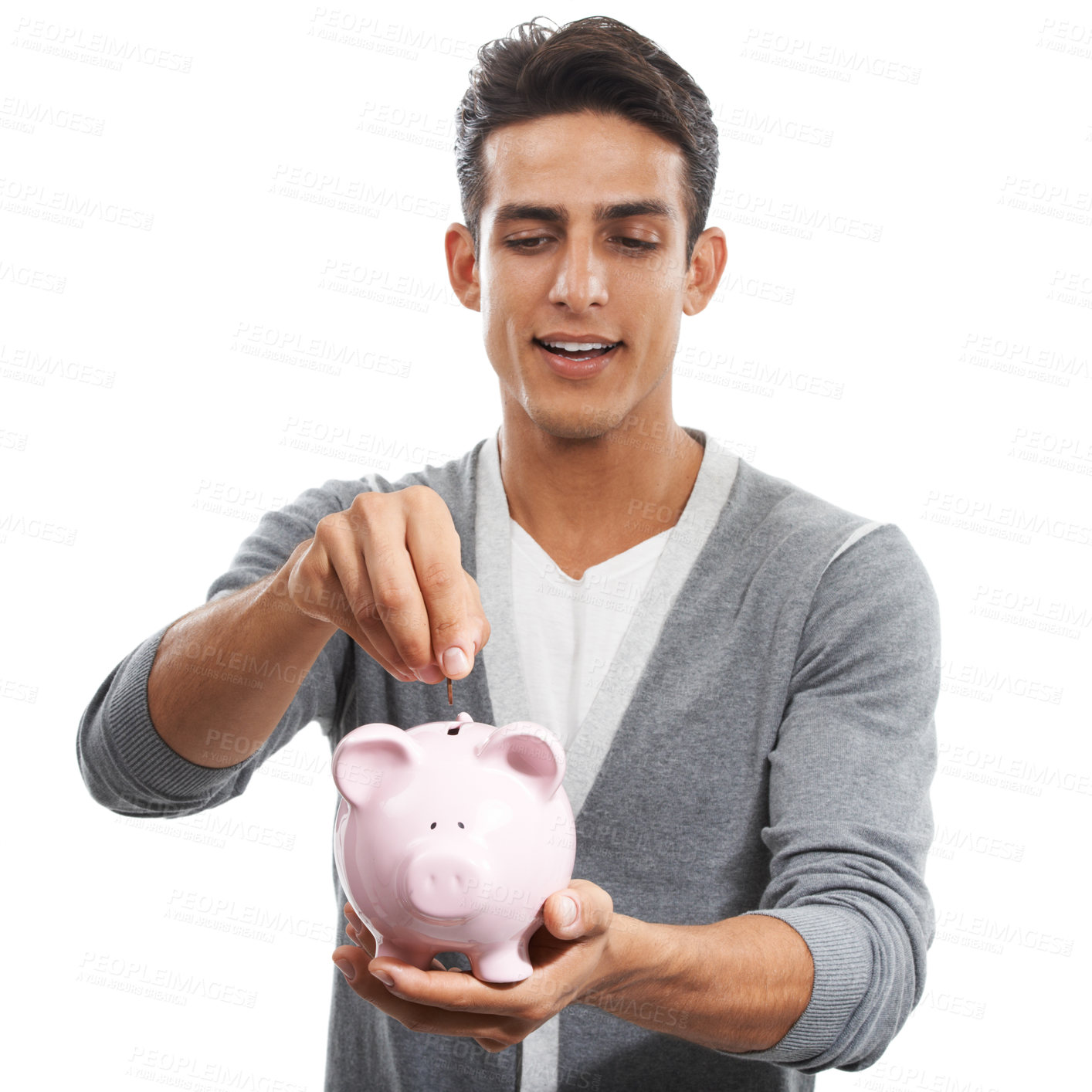 Buy stock photo Man, piggy bank and coins of money in studio for investment, budget and finance on white background. Model, savings and investing cash in container for safety, financial freedom and growth of wealth