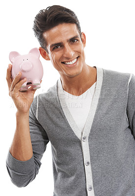 Buy stock photo Portrait, man and piggy bank in studio for investment, finance or investing income on white background. Happy model, financial savings or moneybox for growth, cash funding or economy of future wealth