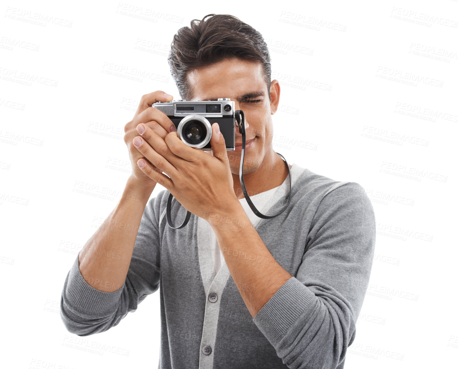 Buy stock photo Man, photographer and camera in studio portrait for creative career, portfolio and shooting on a white background. Young professional person with photography, lens and equipment in a model POV 